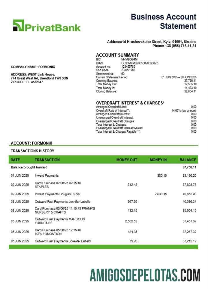 Realista Ucrânia Privatbank Enterprise modelo de extrato de conta Word e PDF